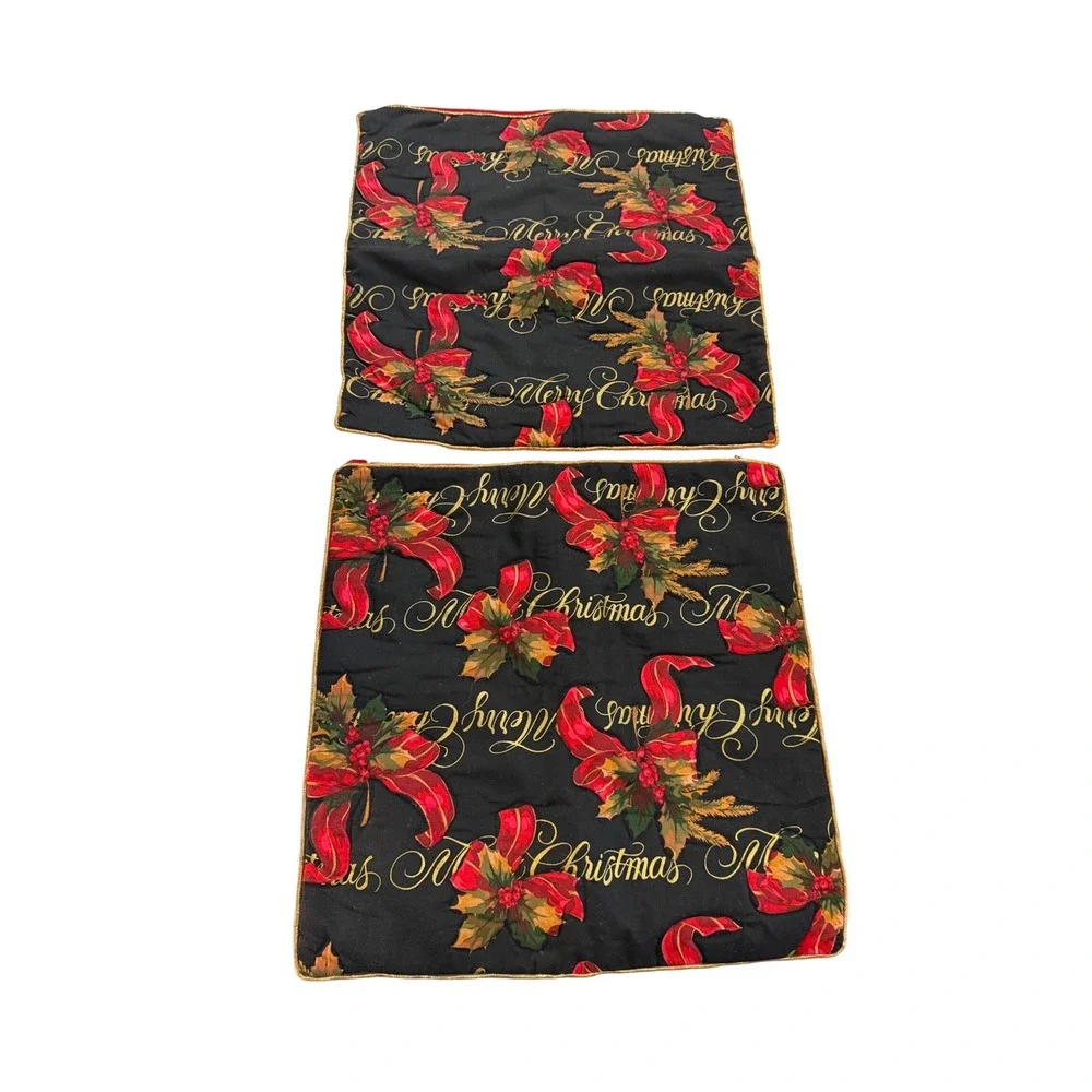 Biencarlo Merry Christmas Pillow Covers Set of 2 Black Red Gold Holly 16x16